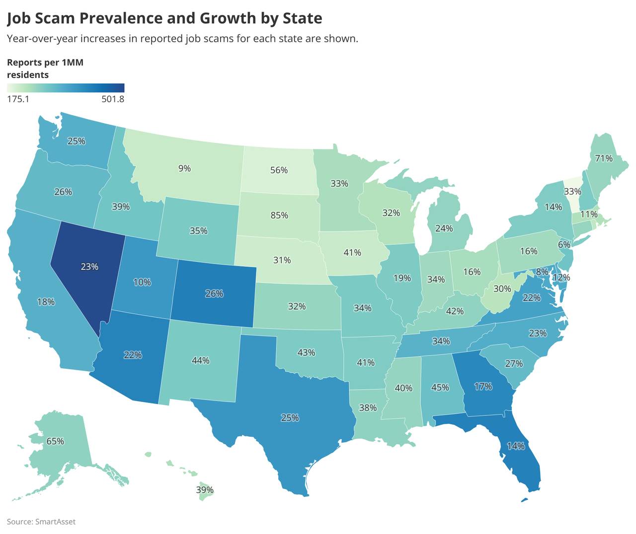 A data map of the US visualizing job scam prevalence and growth by state.